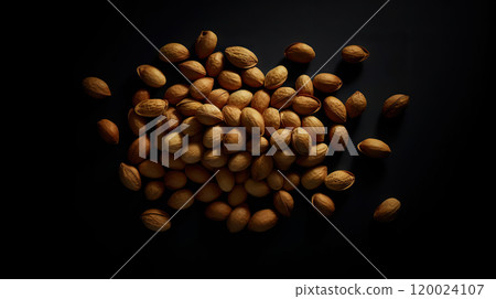 Many roasted peanuts on dark background. Food Backdrop. Generative AI 120024107