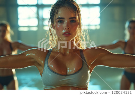 Young woman with skin wet with sweat works out in gym. Young woman with skin wet with sweat works out in gym. 120024151