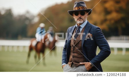 Gentleman in Old Money style attire, standing by racetrack, watching the race, horses in background 120024188