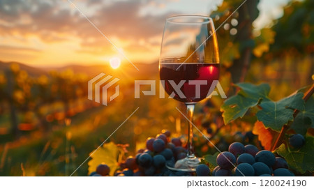 A glass of red wine reflecting a beautiful sunset in a vineyard. Ripe grapes, warm harvest scene 120024190
