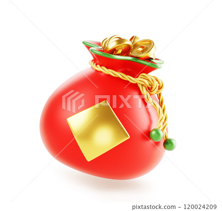 Chinese red money bag with gold coins and rope cartoon 3d render icon. Asian sack with gift, pouch full of golden cny cash. Symbol of wealth and good luck for oriental New Year design. 3D illustration 120024209
