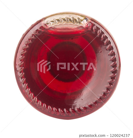 Glass bottle, water red  bottom view isolated on white background 120024237