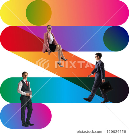 Contemporary art collage. Visuals with strong color contrasts and minimalistic style, designed to highlight professionalism and innovation. Minimalist design. 120024356