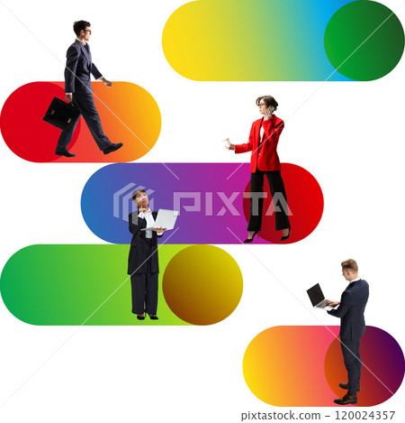 Contemporary art collage. Figures interact with colorful overlays, blending human and digital elements in sleek. Creative corporate presentations. Minimalist design. 120024357