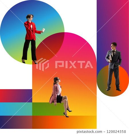 Contemporary art collage. Vivid gradients and geometric forms with business people, capturing balance between professionalism and creativity. 120024358