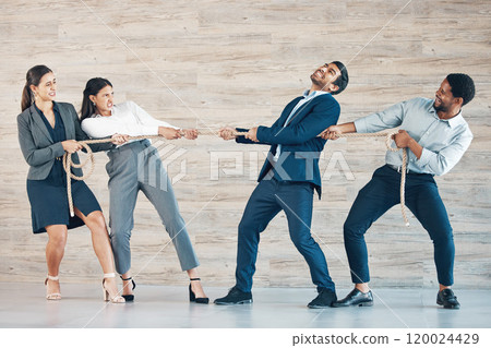 Business, people and pull rope in office for opportunity, recruitment and conflict solution of competition. Frustrated, workers and tug of war with teamwork, power and support of interview challenge 120024429