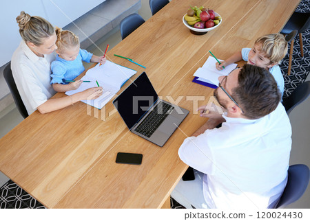 Parents, home and above with children or working with support, help or learning for kindergarten. Family time, wood table and laptop in house for development with kids, drawing or writing for growth Parents, home and above with children or working with support, help or learning for kindergarten. Family time, wood table and laptop in house for development with kids, drawing or writing for growth 120024430
