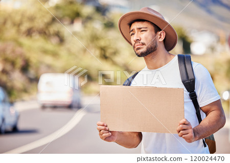 Asian man, road and signboard for hitchhiking on journey, trip and travel for holiday in California. Male person, backpack and desperate for transport or ride on vacation as tourist with mockup space Asian man, road and signboard for hitchhiking on journey, trip and travel for holiday in California. Male person, backpack and desperate for transport or ride on vacation as tourist with mockup space 120024470