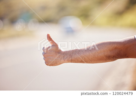 Man, hand and road with thumbs up for hitchhiking on journey, trip and travel for holiday in California. Traveler, backpack and stop cars or transport for ride on vacation as tourist on adventure 120024479