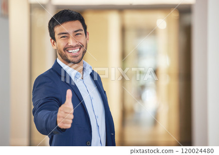 Happy businessman, portrait and vote with thumbs up for success, winning or review at office. Young man or employee with smile, like emoji or yes sign for thank you, positive attitude or feedback Happy businessman, portrait and vote with thumbs up for success, winning or review at office. Young man or employee with smile, like emoji or yes sign for thank you, positive attitude or feedback 120024480