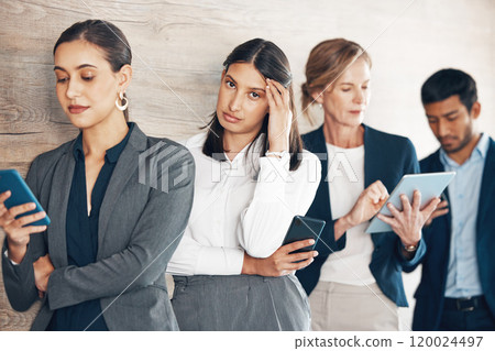 Business, people and stress for interview line with anxiety for hiring, recruitment and hr lobby of opportunity. Woman, frustrated and waiting room, queue and onboarding meeting for job vacancy 120024497