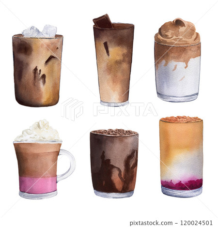 Set of six coffee glasses. Watercolor illustration isolated on white background for design, cards, postcards, menus, posters, business, decor Set of six coffee glasses. Watercolor illustration isolated on white background for design, cards, postcards, menus, posters, business, decor 120024501
