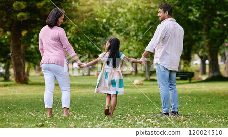 Family, girl and holding hands in nature park, walking and garden with love for support or trust with people. Parents, child and outside for bonding with mother, summer and father together or back 120024510