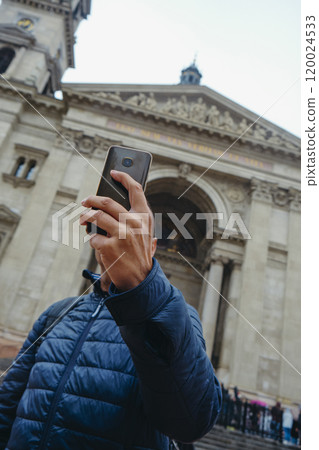 taking a selfie in front of St Stephens, Budapest 120024533