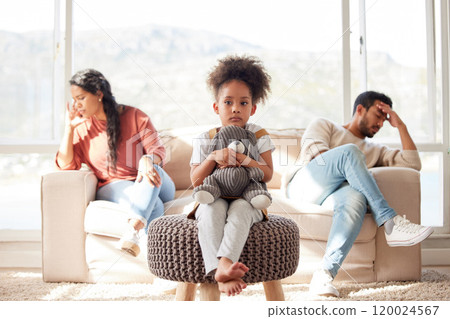 Frustrated couple, fight and argument with sad child on sofa for living room dispute or conflict at home. Scared little girl with teddy bear and parents in disagreement, breakup or divorce at house Frustrated couple, fight and argument with sad child on sofa for living room dispute or conflict at home. Scared little girl with teddy bear and parents in disagreement, breakup or divorce at house 120024567