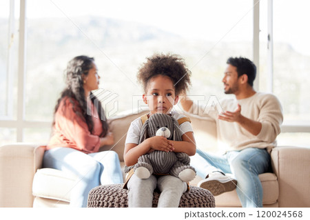 Frustrated couple, fight and disagreement with child on sofa for living room dispute or conflict at home. Scared little girl with teddy bear and parents in argument, breakup or divorce at house Frustrated couple, fight and disagreement with child on sofa for living room dispute or conflict at home. Scared little girl with teddy bear and parents in argument, breakup or divorce at house 120024568