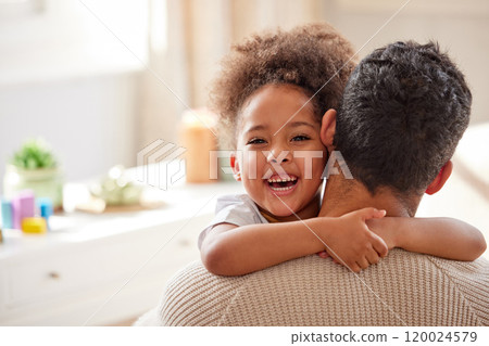 Happy girl, portrait and hug with father for embrace, bonding or support in care or love at home. Little child, kid or daughter with smile in joy for holiday, weekend or childhood with dad at house 120024579
