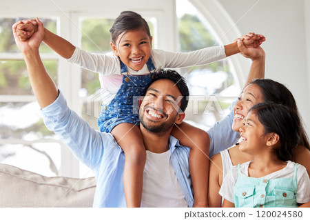 Parents, girl children and piggyback in home with bonding, fun game and support with love, security and excited. Family, couple and playing with kids on shoulders in living room for care or activity Parents, girl children and piggyback in home with bonding, fun game and support with love, security and excited. Family, couple and playing with kids on shoulders in living room for care or activity 120024580