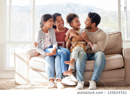 Talking, happy family and children with property, support or siblings to relax with security, love and care. Smile, girls or proud parents with kids, safety and trust for bonding together in home 120024581