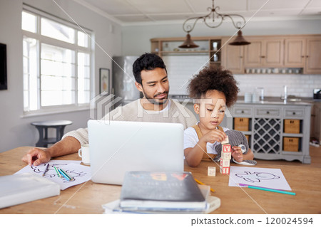 Father, girl and learning with homework in home for creative development, education or homeschool lesson with remote work. People, laptop and child with building blocks for study in dining room Father, girl and learning with homework in home for creative development, education or homeschool lesson with remote work. People, laptop and child with building blocks for study in dining room 120024594