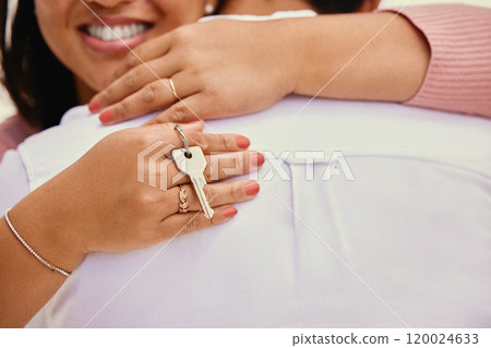 Hug, hands and couple with key in new home for property investment, real estate and support. Smile, woman and man with ownership in house for marriage residence, growth and mortgage in immigration Hug, hands and couple with key in new home for property investment, real estate and support. Smile, woman and man with ownership in house for marriage residence, growth and mortgage in immigration 120024633