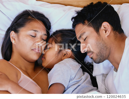 Family, sleeping and above view on bed with smile for relax, bonding and break on weekend together. Woman, father and child in home with love, care and support for comfort or resting in Philippines Family, sleeping and above view on bed with smile for relax, bonding and break on weekend together. Woman, father and child in home with love, care and support for comfort or resting in Philippines 120024635