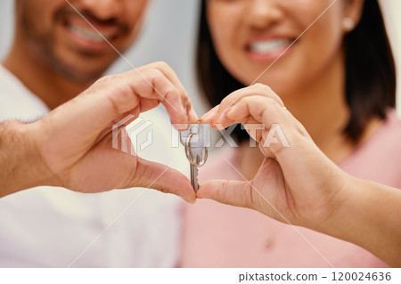 Heart, hands and couple with key in new home for property ownership, real estate and support. Smile, woman and man with investment in house for marriage residence, growth and mortgage in immigration Heart, hands and couple with key in new home for property ownership, real estate and support. Smile, woman and man with investment in house for marriage residence, growth and mortgage in immigration 120024636