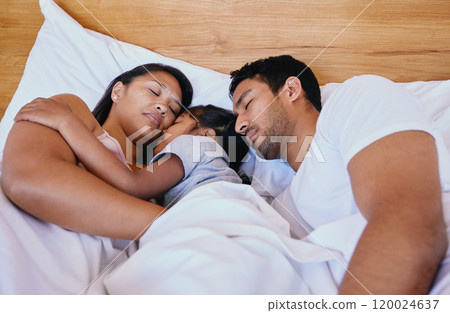 Relax, sleeping and child with parents in bed with cuddle for protection of nightmare at home. Tired, dreaming and girl kid with mother and father for morning nap with rest in bedroom at family house Relax, sleeping and child with parents in bed with cuddle for protection of nightmare at home. Tired, dreaming and girl kid with mother and father for morning nap with rest in bedroom at family house 120024637