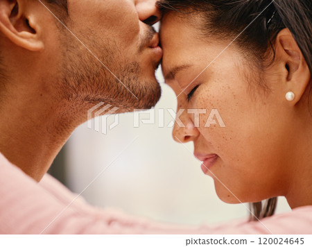Couple, smile and forehead with kiss and hug in home with bonding, love and marriage with happy people. Care, date and support of woman and man together with trust, security and embrace with romance Couple, smile and forehead with kiss and hug in home with bonding, love and marriage with happy people. Care, date and support of woman and man together with trust, security and embrace with romance 120024645