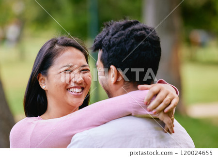 Hug, love and couple in park, smile and bonding together with happiness, vacation and romantic. Relationship, outdoor and marriage with man, woman and care with weekend break, moment and embrace Hug, love and couple in park, smile and bonding together with happiness, vacation and romantic. Relationship, outdoor and marriage with man, woman and care with weekend break, moment and embrace 120024655