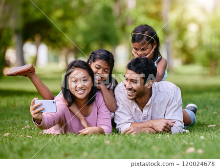 Family, selfie and children in nature park, happiness and smile or bonding memory together with girls. Capture, photography and social media update with people, parents and relax with love or support 120024678