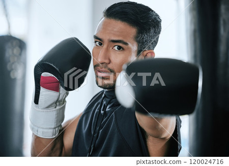 Asian man, portrait and boxer with gloves for workout, exercise or self defense training at gym. Serious fighter, young athlete or male person in boxing club with punching bag for practice or fitness 120024716