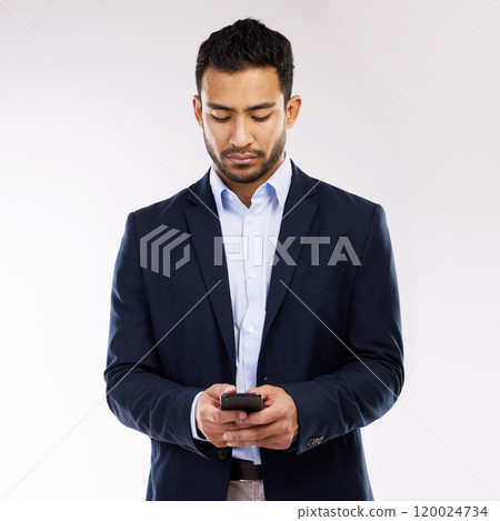 Businessman, mobile connection and typing for communication, calendar app and schedule in studio. Trader, phone and internet for investing, economy article and stock market news by white background 120024734