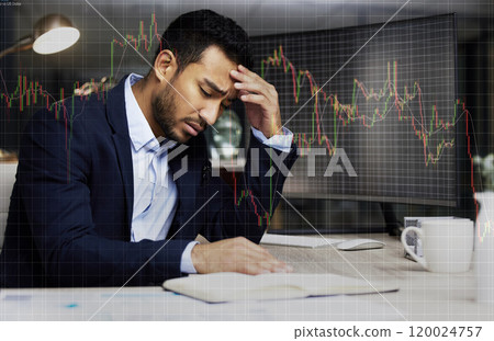Businessman, computer chart and stress for trading mistake, recession and stock exchange overlay in office. Trader, graph monitor and fear for investment crisis with anxiety, economy and profit loss Businessman, computer chart and stress for trading mistake, recession and stock exchange overlay in office. Trader, graph monitor and fear for investment crisis with anxiety, economy and profit loss 120024757
