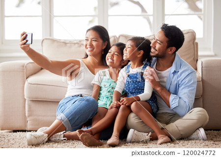 Selfie, home and mom, dad and children by sofa for social media, profile picture and online post. Family, love and mother, father and kids take photo for bonding, weekend and relax in living room Selfie, home and mom, dad and children by sofa for social media, profile picture and online post. Family, love and mother, father and kids take photo for bonding, weekend and relax in living room 120024772