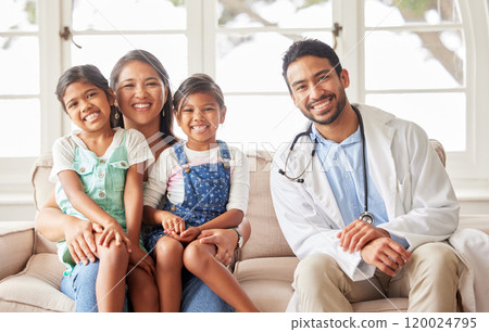 Doctor, family and children checkup in portrait, healthcare and consulting in house visit or service. Physician, mother and kids for examination or appointment, talking and pediatrician patients 120024795