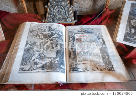 Old bible book in Sant Jaume cathedral, Church, Alcudia, Mallorca 120024803