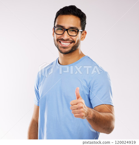 Man, portrait and thumbs up in studio for optometry, glasses and emoji on white background. Male person, review and promotion for eyewear or thank you for spectacle frames, vote and approval for lens Man, portrait and thumbs up in studio for optometry, glasses and emoji on white background. Male person, review and promotion for eyewear or thank you for spectacle frames, vote and approval for lens 120024919