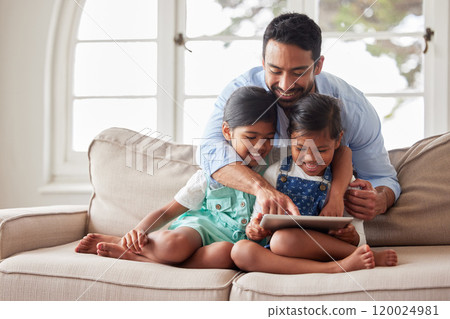 Father, girl and children with tablet on sofa with click on app, laugh and happy for show in family home. Man, dad and daughter kids with streaming, subscription and relax with movies in Indonesia 120024981