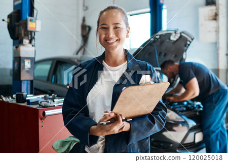 Woman, portrait and clipboard by car for mechanic maintenance, services and safety check at workshop. Asian engineer or worker with checklist, document and inspection at auto shop or transport repair 120025018