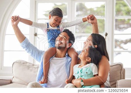 Parents, children and happy in home with bonding, fun game and support with love, security and excited. Family, couple and playing with daughter on shoulders in living room for care and activity 120025034