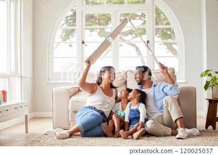 Family, real estate and insurance on floor in home with smile for property loan, safety and security with investment. Parents, children and happy with cardboard roof for shelter, support and mortgage Family, real estate and insurance on floor in home with smile for property loan, safety and security with investment. Parents, children and happy with cardboard roof for shelter, support and mortgage 120025037