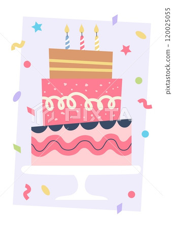 Happy birthday greeting card. Cute colorful party cake with candles. Vector illustration template 120025055
