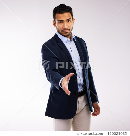 Portrait, introduction and business man with handshake in studio for agreement, interview or deal on white background. Welcome, corporate and Asian person for greeting, thank you or job opportunity Portrait, introduction and business man with handshake in studio for agreement, interview or deal on white background. Welcome, corporate and Asian person for greeting, thank you or job opportunity 120025085