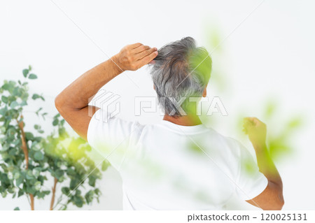 Man who cares about his hair, hair care, back view Man who cares about his hair, hair care, back view 120025131