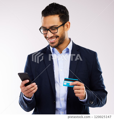 Business man, phone and credit card in studio for online payment, investment and white background. Male person, banking website and bills or transaction approval, ecommerce and app for finance profit Business man, phone and credit card in studio for online payment, investment and white background. Male person, banking website and bills or transaction approval, ecommerce and app for finance profit 120025147