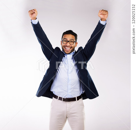 Portrait, winning and businessman with fist pump in studio for achievement, celebration or project goal on white background. Success, happy and employee for profit, financial growth or opportunity Portrait, winning and businessman with fist pump in studio for achievement, celebration or project goal on white background. Success, happy and employee for profit, financial growth or opportunity 120025152