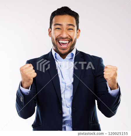 Portrait, success and businessman with fist pump in studio for achievement, celebration or project goal on white background. Winner, happy and employee for profit, financial growth or opportunity Portrait, success and businessman with fist pump in studio for achievement, celebration or project goal on white background. Winner, happy and employee for profit, financial growth or opportunity 120025155