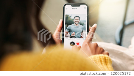 Hands, connection and phone screen in home for swipe, scroll and choice for love on sofa. Female person, network and mobile app for creating profile, chat and decision for match on dating website 120025172