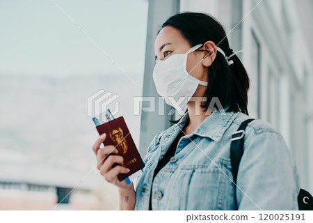 Woman, airport and face mask with travel protection, safety or PPE for airline policy post covid. Young immigrant with passport, thinking or waiting by window for opportunity or immigration in Europe Woman, airport and face mask with travel protection, safety or PPE for airline policy post covid. Young immigrant with passport, thinking or waiting by window for opportunity or immigration in Europe 120025191